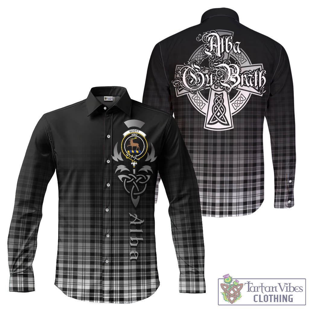 Tartan Vibes Clothing Scott Black White Tartan Long Sleeve Button Up Featuring Alba Gu Brath Family Crest Celtic Inspired