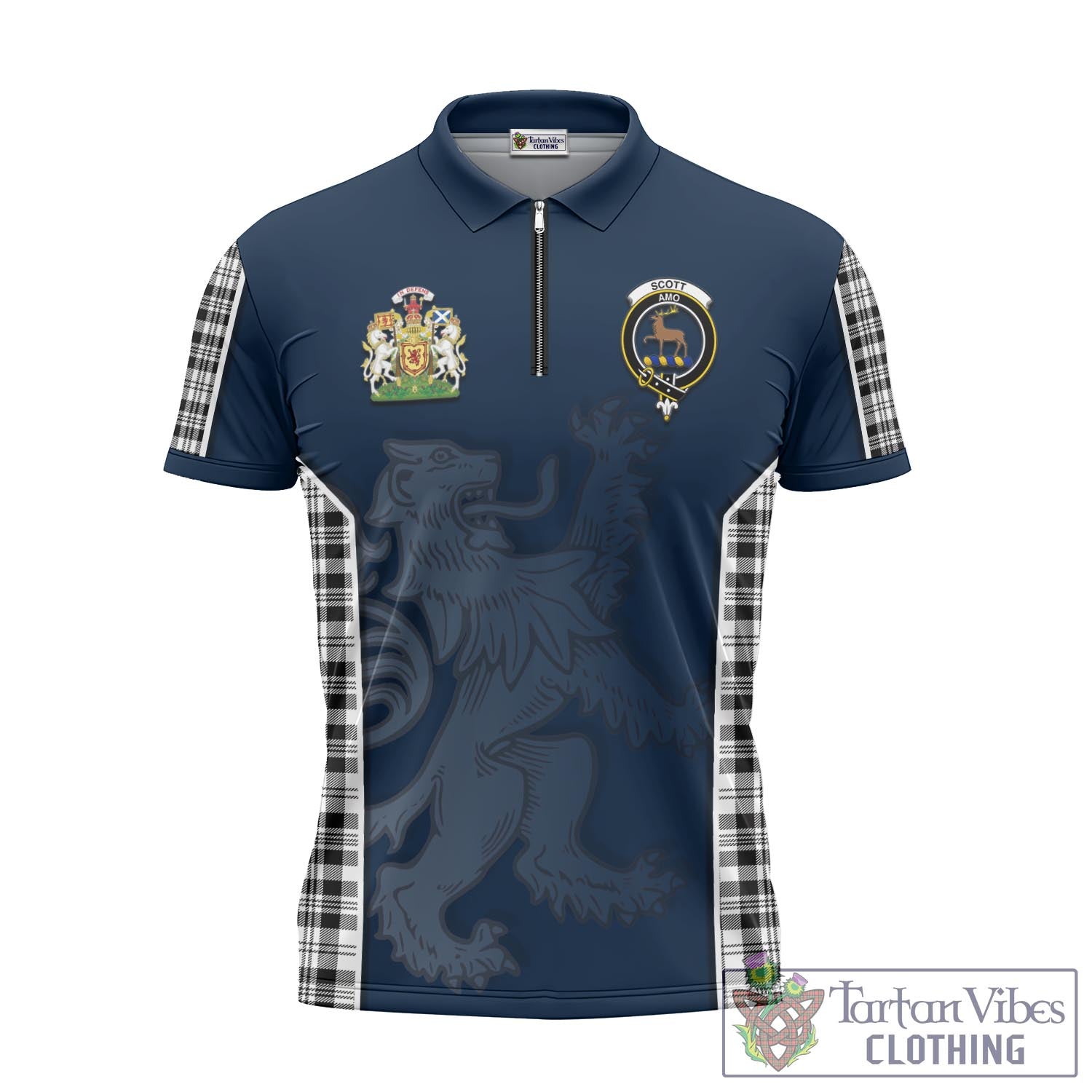 Tartan Vibes Clothing Scott Black White Tartan Zipper Polo Shirt with Family Crest and Lion Rampant Vibes Sport Style