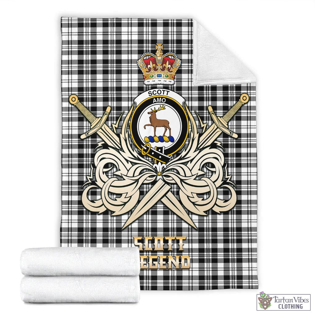 Tartan Vibes Clothing Scott Black White Tartan Blanket with Clan Crest and the Golden Sword of Courageous Legacy