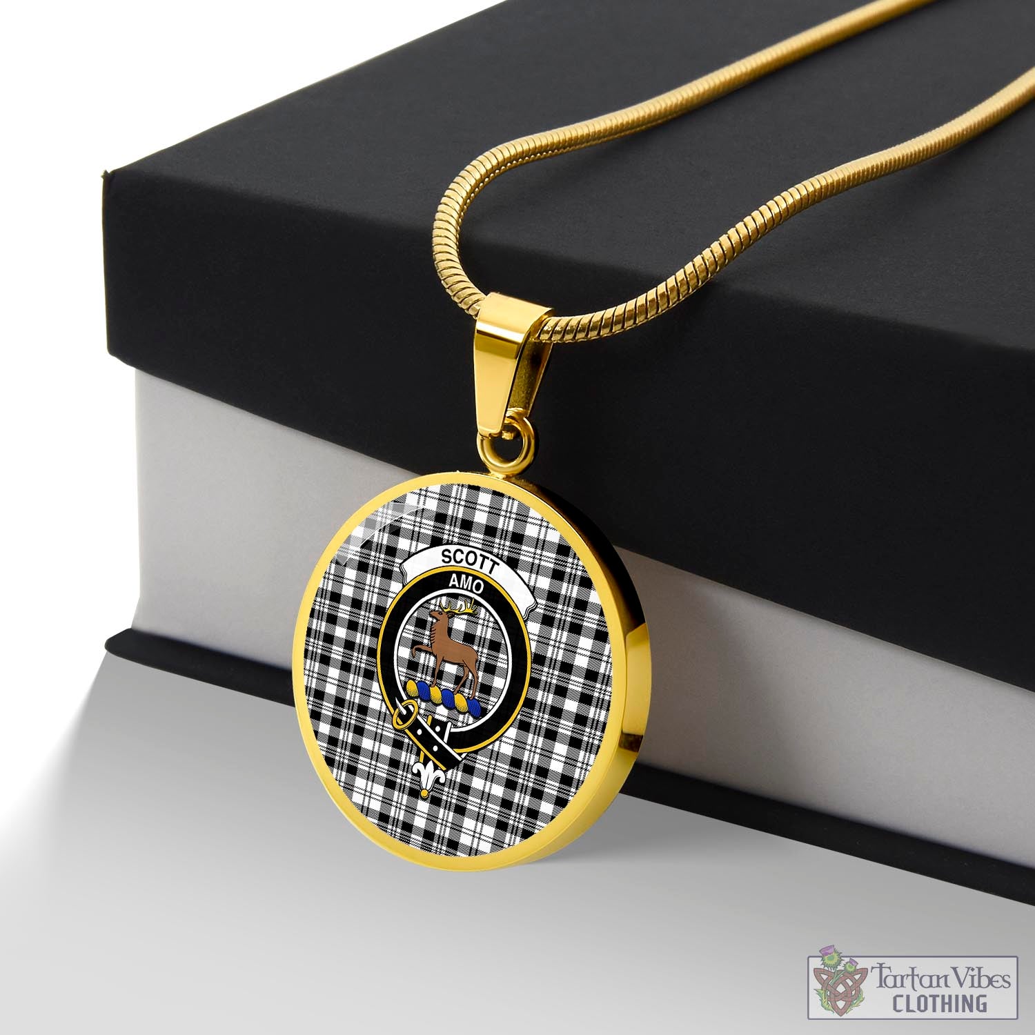 Tartan Vibes Clothing Scott Black White Tartan Circle Necklace with Family Crest