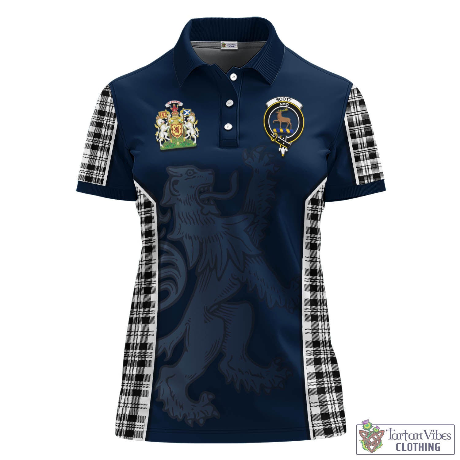 Scott Black White Tartan Women's Polo Shirt with Family Crest and Lion Rampant Vibes Sport Style - Tartan Vibes Clothing