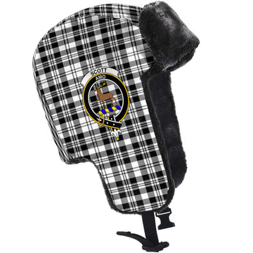 Scott Black White Tartan Winter Trapper Hat with Family Crest