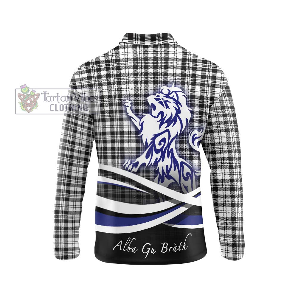 Scott Black White Tartan Long Sleeve Polo Shirt with Alba Gu Brath Regal Lion Emblem - Tartanvibesclothing Shop