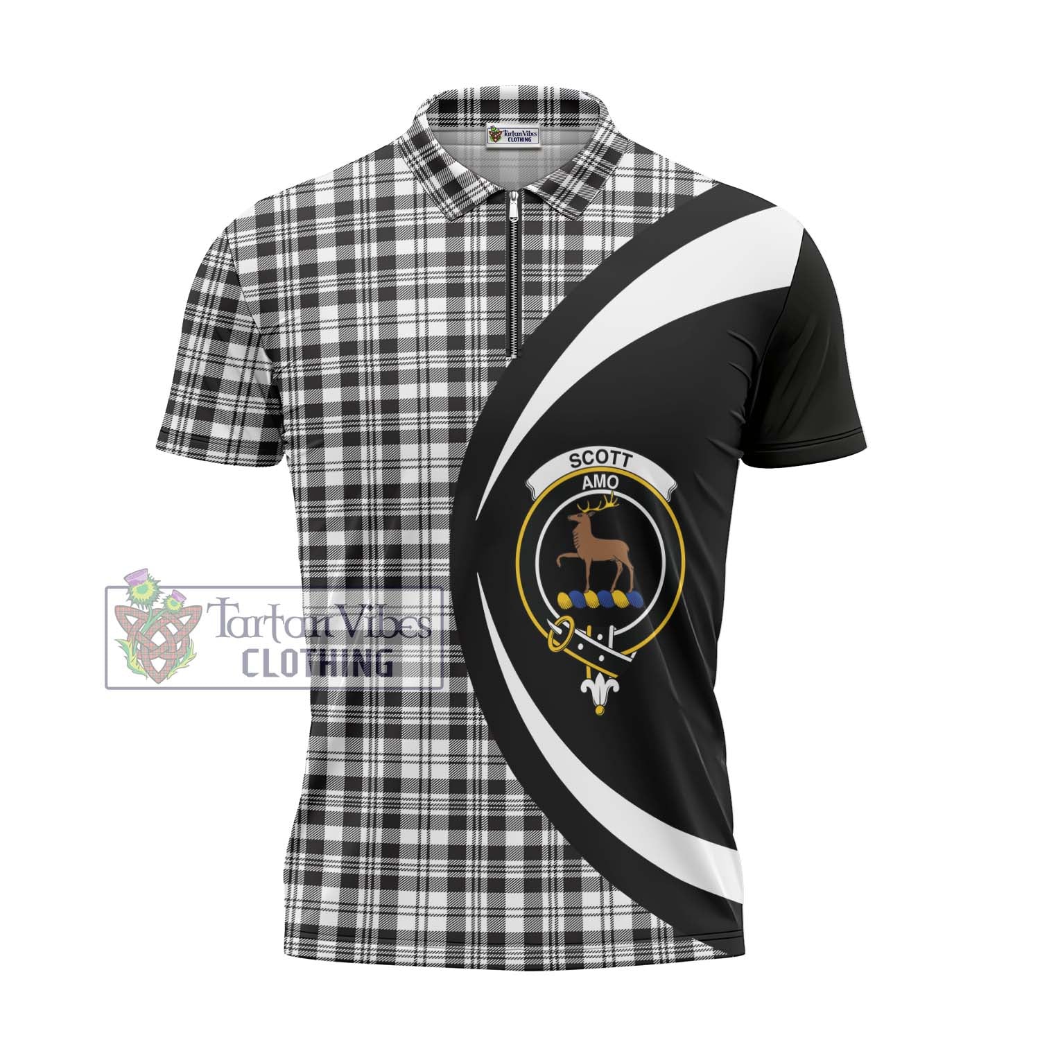 Scott Black White Tartan Zipper Polo Shirt with Family Crest Circle Style - Tartan Vibes Clothing