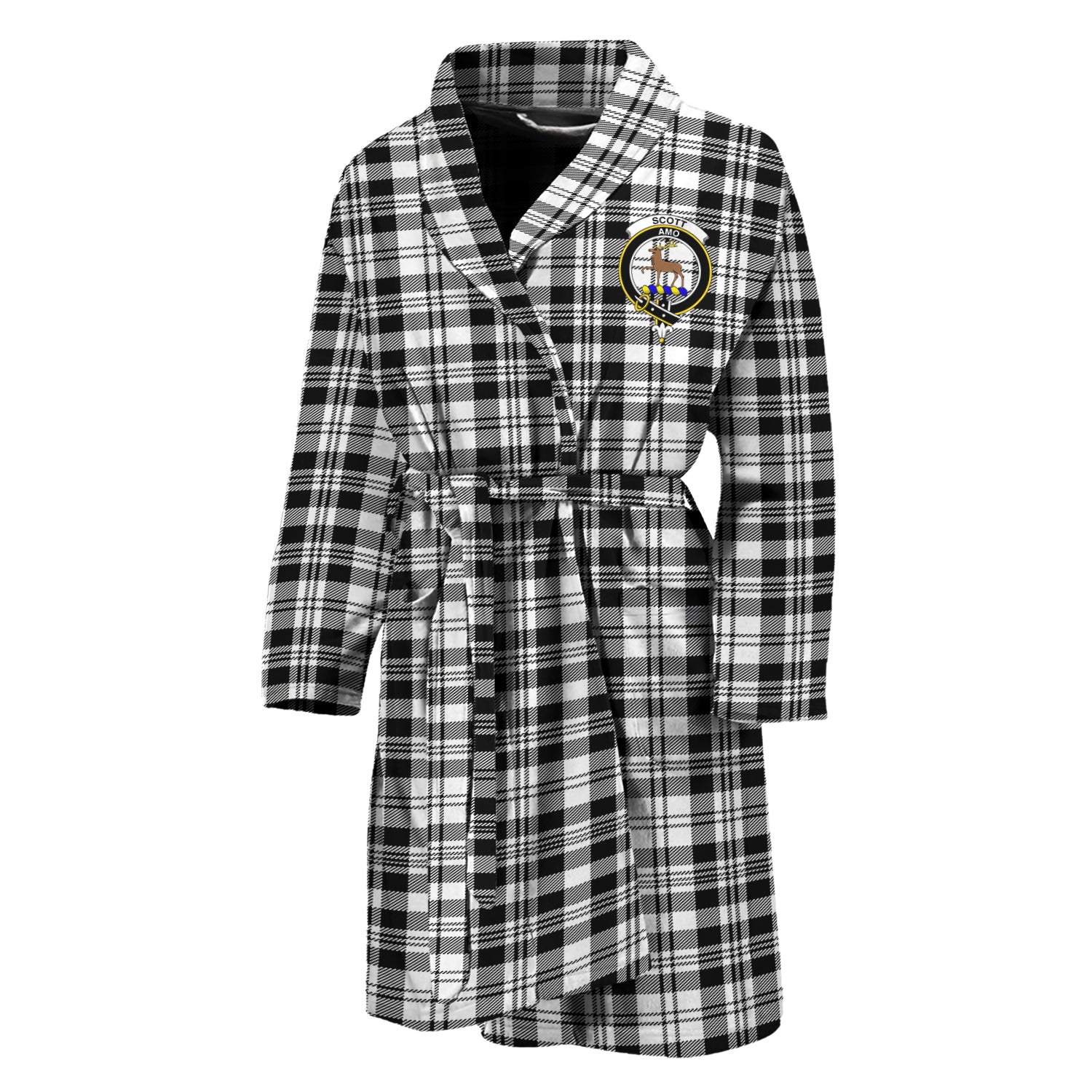 Scott Black White Tartan Bathrobe with Family Crest Unisex M - Tartan Vibes Clothing