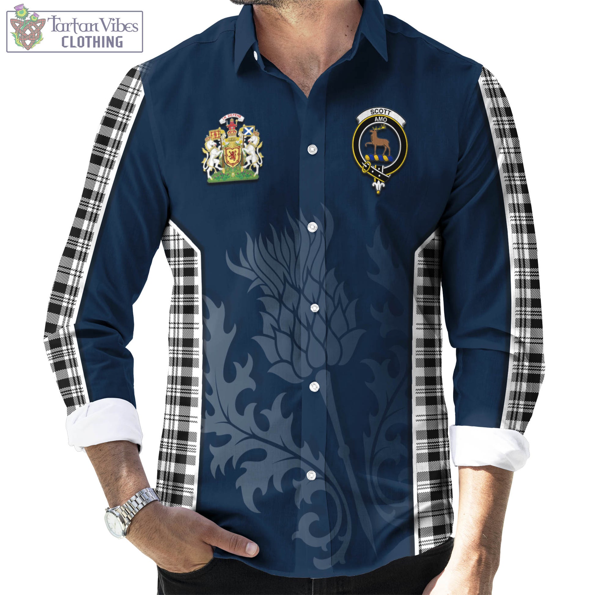 Tartan Vibes Clothing Scott Black White Tartan Long Sleeve Button Up Shirt with Family Crest and Scottish Thistle Vibes Sport Style