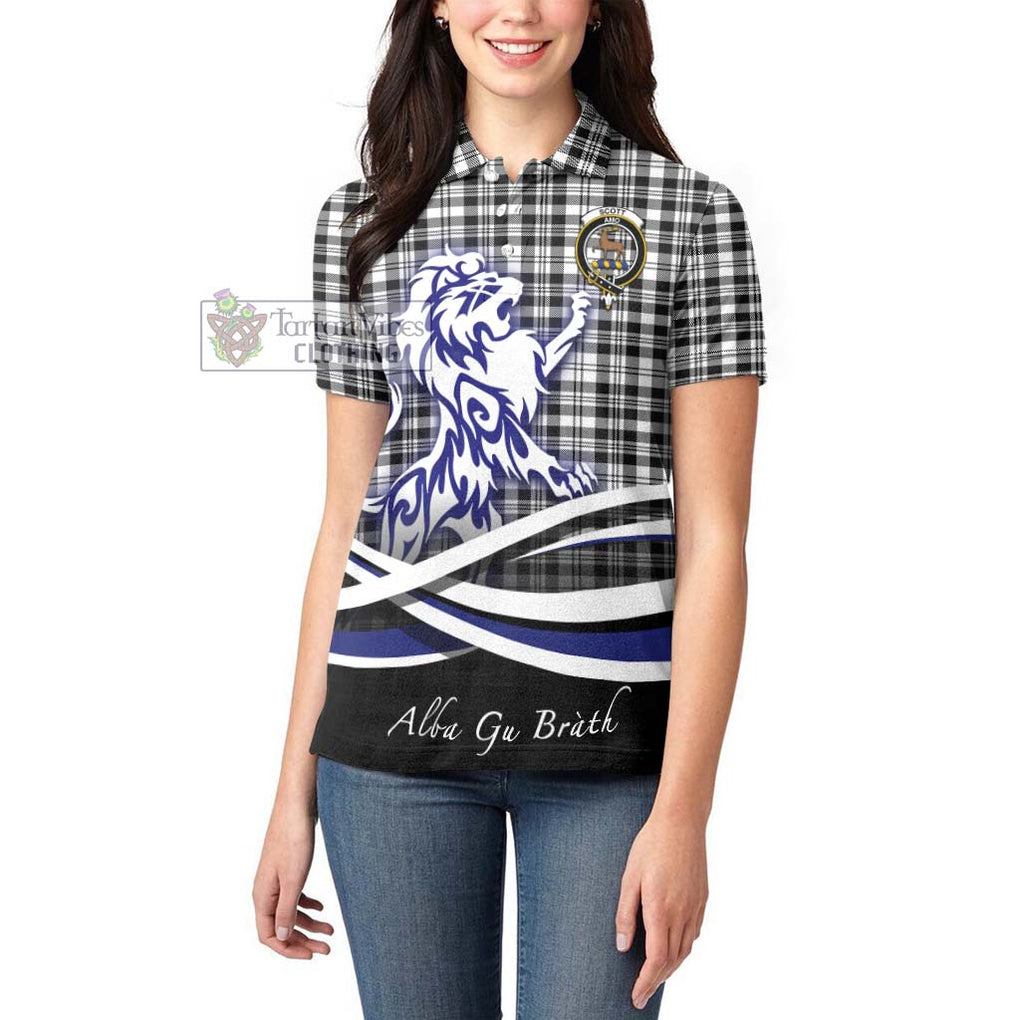 Scott Black White Tartan Women's Polo Shirt with Alba Gu Brath Regal Lion Emblem - Tartanvibesclothing Shop