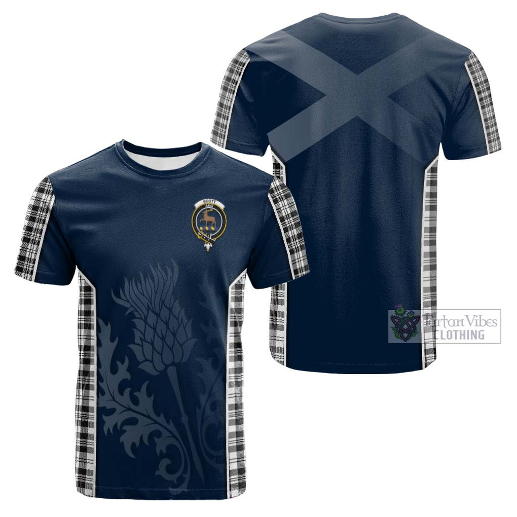 Tartan Vibes Clothing Scott Black White Tartan Cotton T-shirt with Family Crest and Scottish Thistle Vibes Sport Style