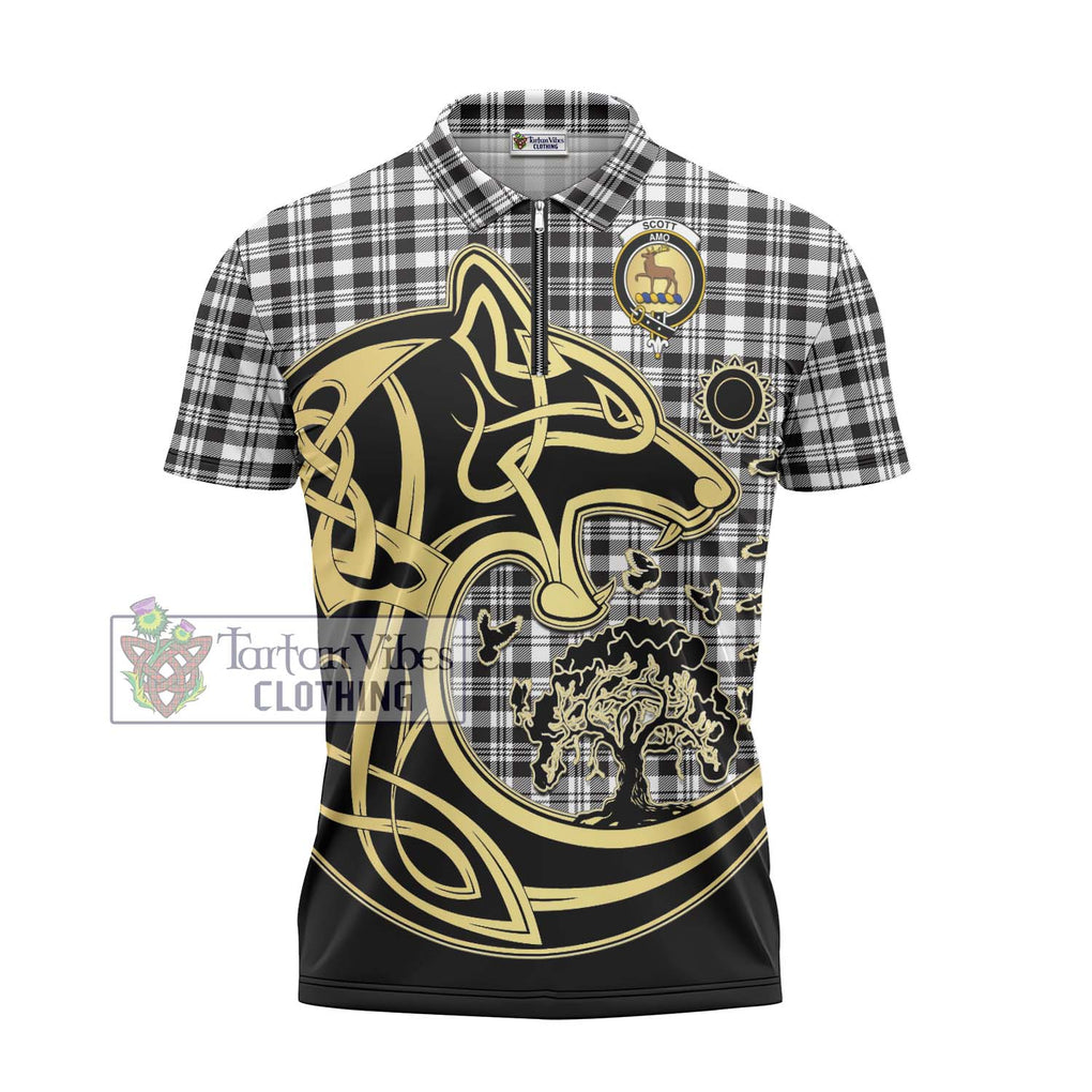 Scott Black White Tartan Zipper Polo Shirt with Family Crest Celtic Wolf Style - Tartanvibesclothing Shop