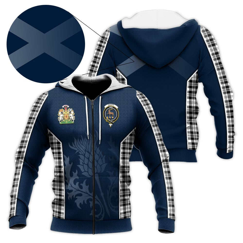 Tartan Vibes Clothing Scott Black White Tartan Knitted Hoodie with Family Crest and Scottish Thistle Vibes Sport Style