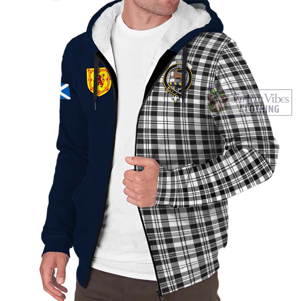 Tartan Vibes Clothing Scott Black White Tartan Sherpa Hoodie with Scottish Lion Royal Arm Half Style