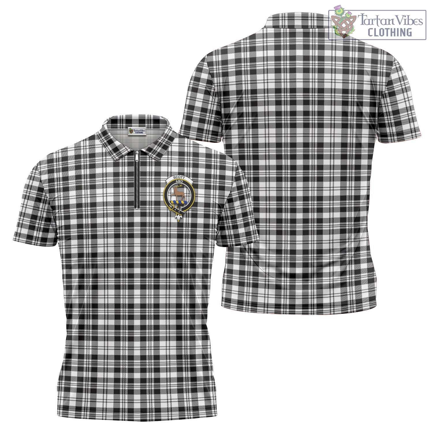 Tartan Vibes Clothing Scott Black White Tartan Zipper Polo Shirt with Family Crest