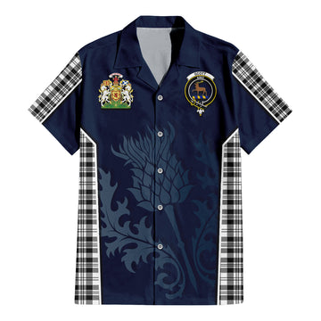 Scott Black White Tartan Short Sleeve Button Up Shirt with Family Crest and Scottish Thistle Vibes Sport Style