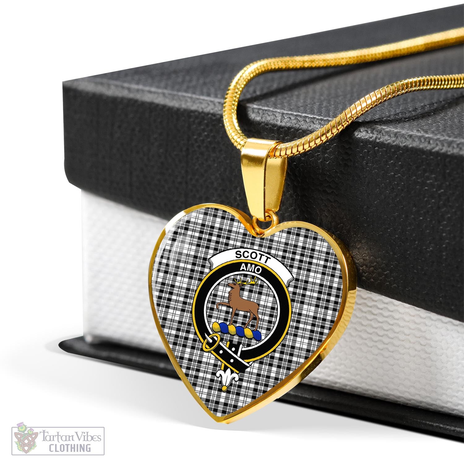 Tartan Vibes Clothing Scott Black White Tartan Heart Necklace with Family Crest