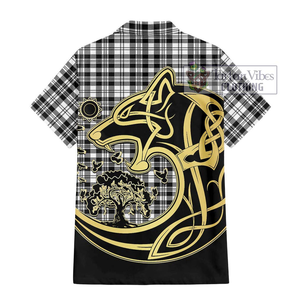 Scott Black White Tartan Short Sleeve Button Shirt with Family Crest Celtic Wolf Style - Tartan Vibes Clothing