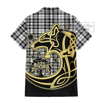 Scott Black White Tartan Short Sleeve Button Shirt with Family Crest Celtic Wolf Style