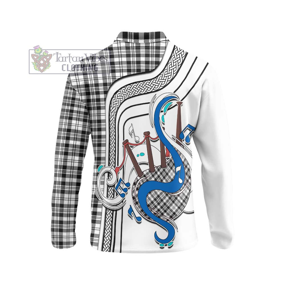 Tartan Vibes Clothing Scott Black White Tartan Long Sleeve Polo Shirt with Epic Bagpipe Style