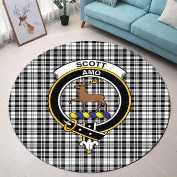 Scott Black White Tartan Round Rug with Family Crest