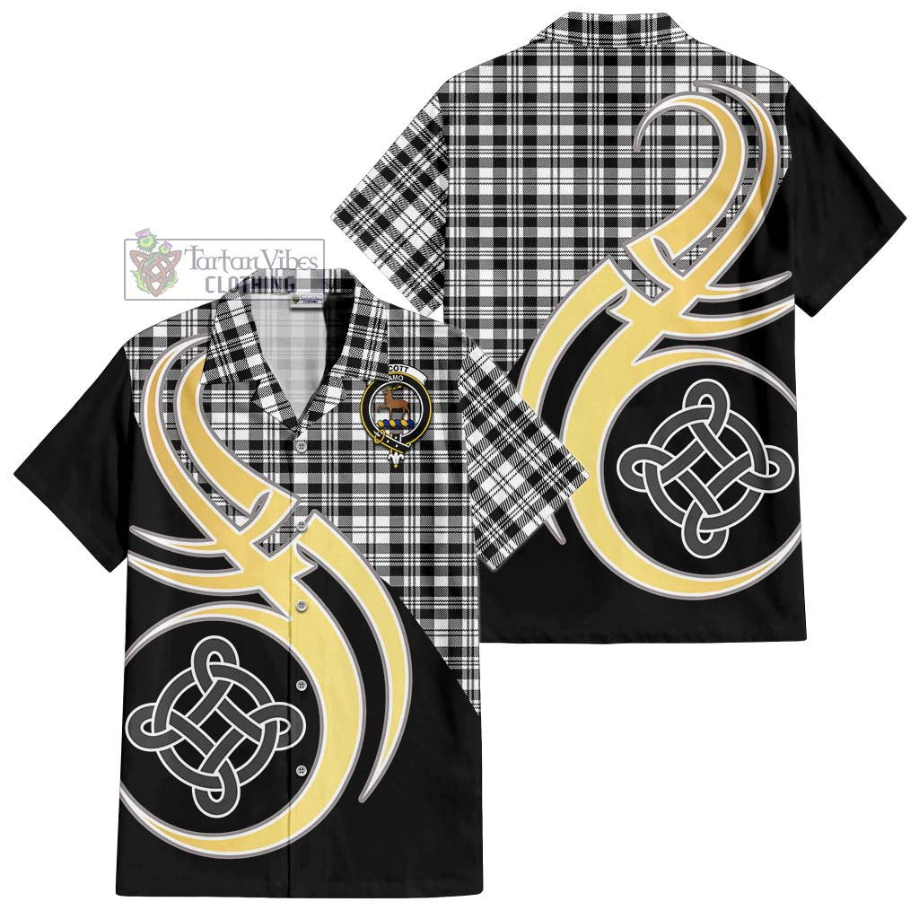 Scott Black White Tartan Short Sleeve Button Shirt with Family Crest and Celtic Symbol Style - Tartan Vibes Clothing