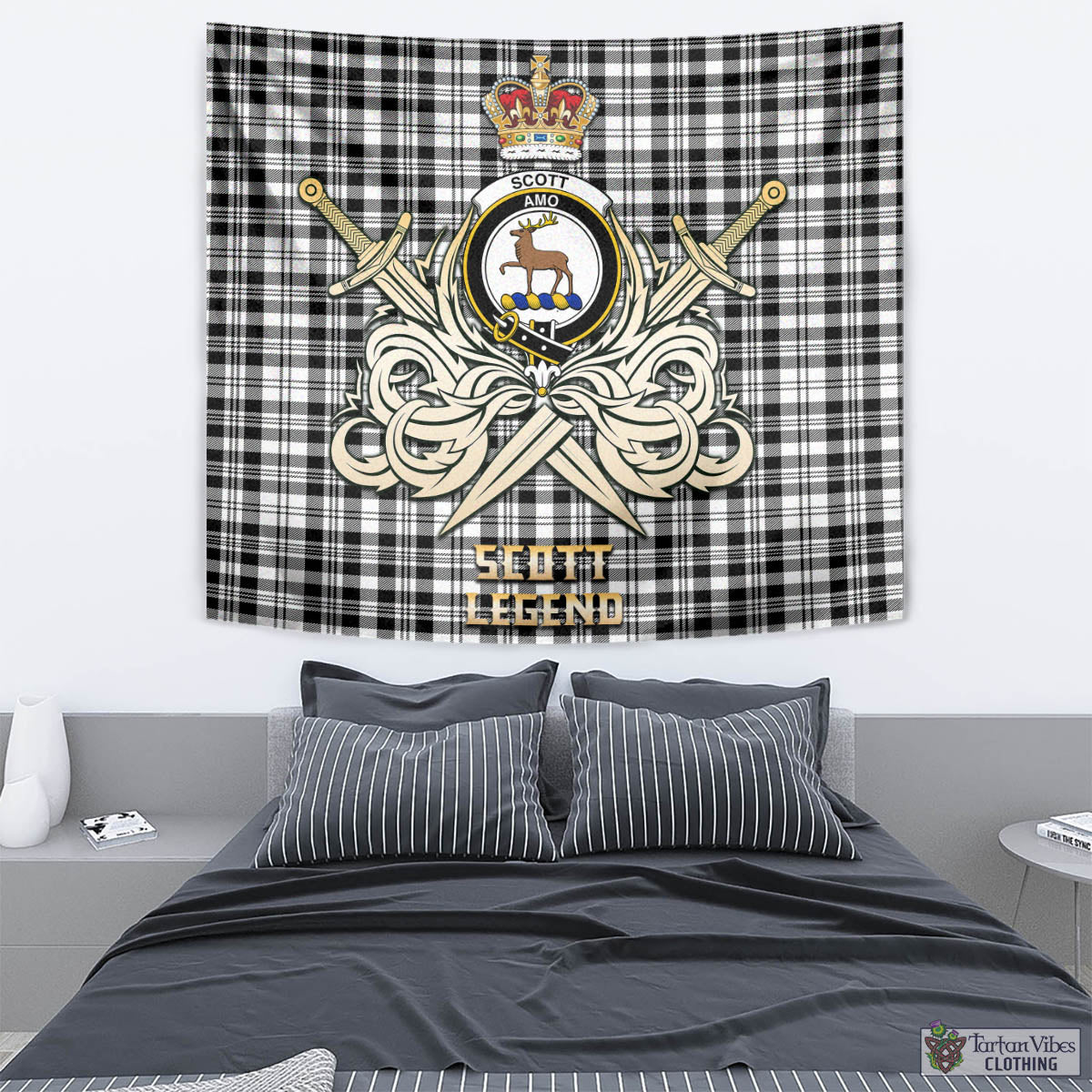 Tartan Vibes Clothing Scott Black White Tartan Tapestry with Clan Crest and the Golden Sword of Courageous Legacy