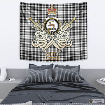 Scott Black White Tartan Tapestry with Clan Crest and the Golden Sword of Courageous Legacy