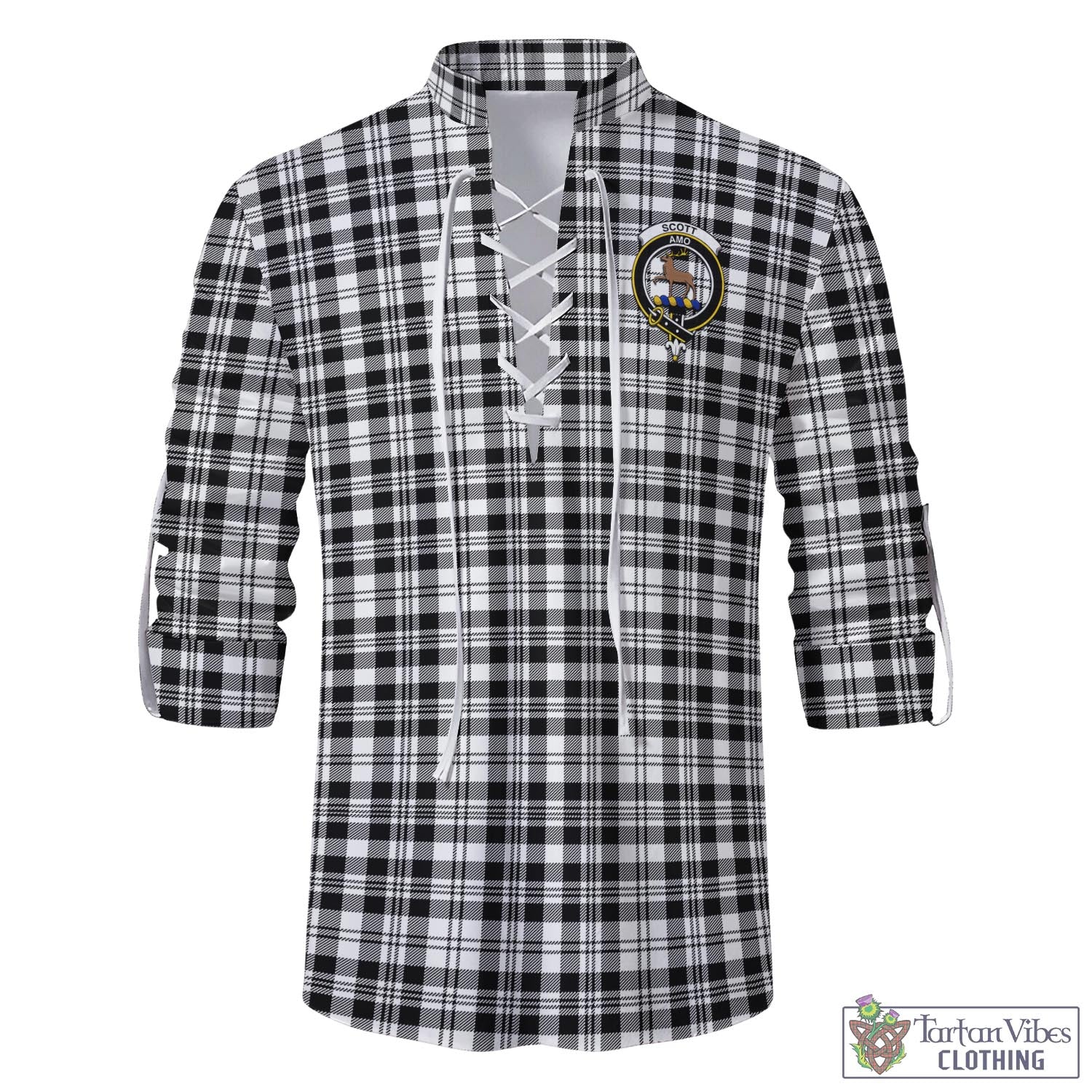 Tartan Vibes Clothing Scott Black White Tartan Men's Scottish Traditional Jacobite Ghillie Kilt Shirt with Family Crest