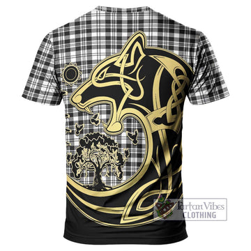 Scott Black White Tartan T-Shirt with Family Crest Celtic Wolf Style