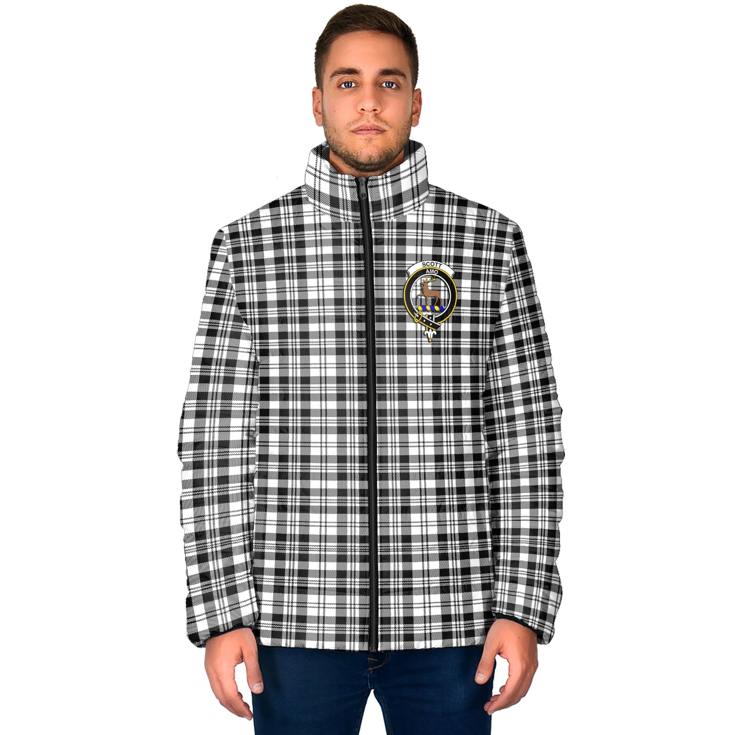 Scott Black White Tartan Padded Jacket with Family Crest - Tartan Vibes Clothing