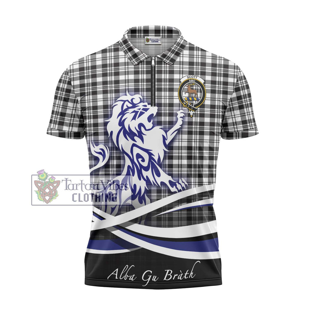 Scott Black White Tartan Zipper Polo Shirt with Alba Gu Brath Regal Lion Emblem - Tartanvibesclothing Shop