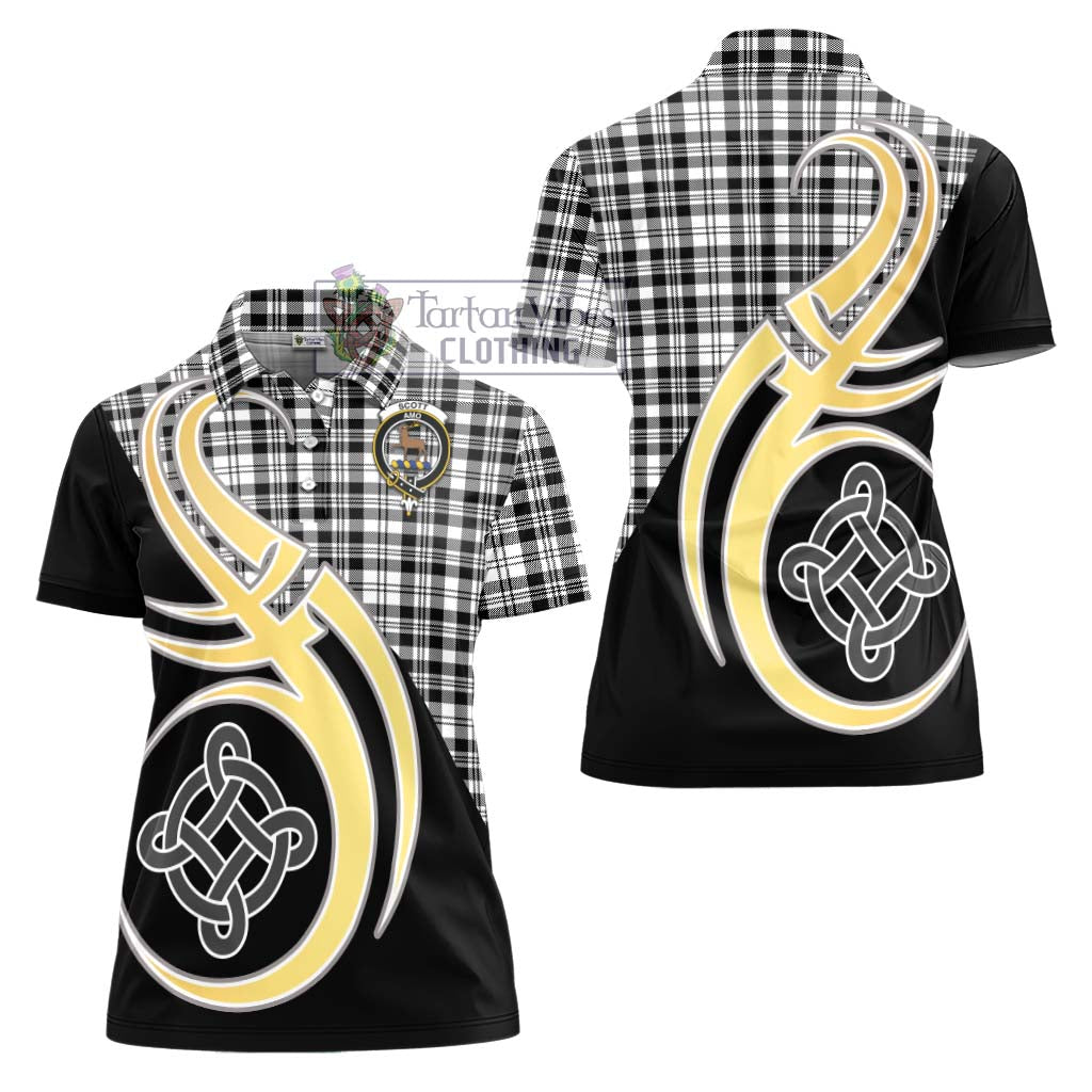 Scott Black White Tartan Women's Polo Shirt with Family Crest and Celtic Symbol Style - Tartan Vibes Clothing