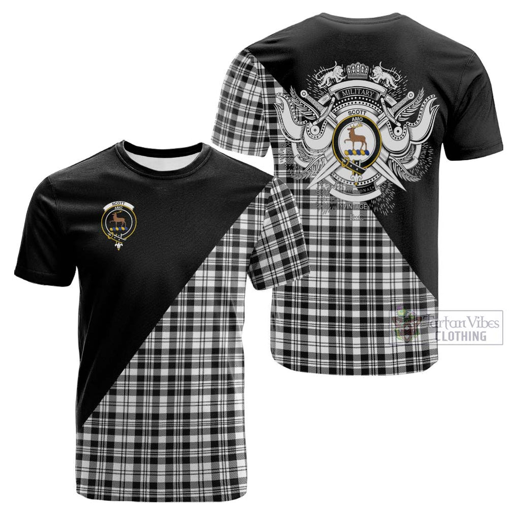 Tartan Vibes Clothing Scott Black White Tartan Cotton T-shirt with Family Crest and Military Logo Style