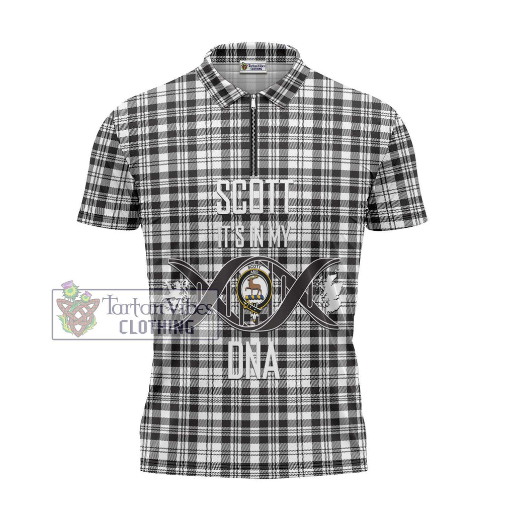 Scott Black White Tartan Zipper Polo Shirt with Family Crest DNA In Me Style - Tartanvibesclothing Shop