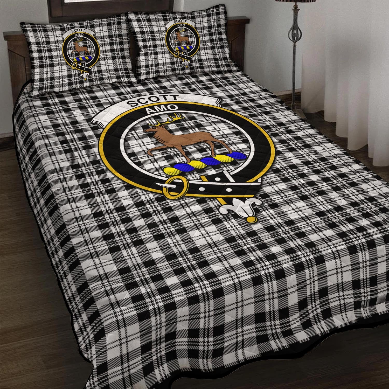 Scott Black White Tartan Quilt Bed Set with Family Crest - Tartan Vibes Clothing