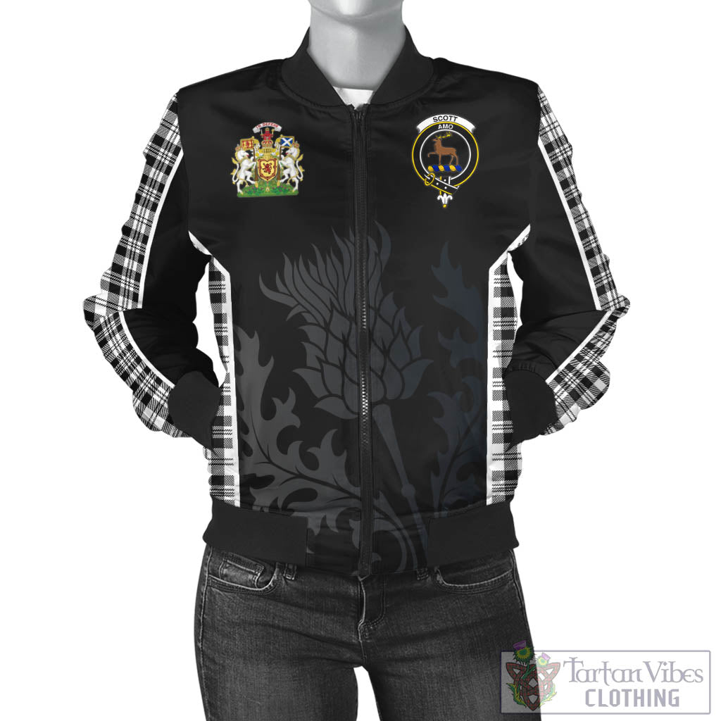 Tartan Vibes Clothing Scott Black White Tartan Bomber Jacket with Family Crest and Scottish Thistle Vibes Sport Style