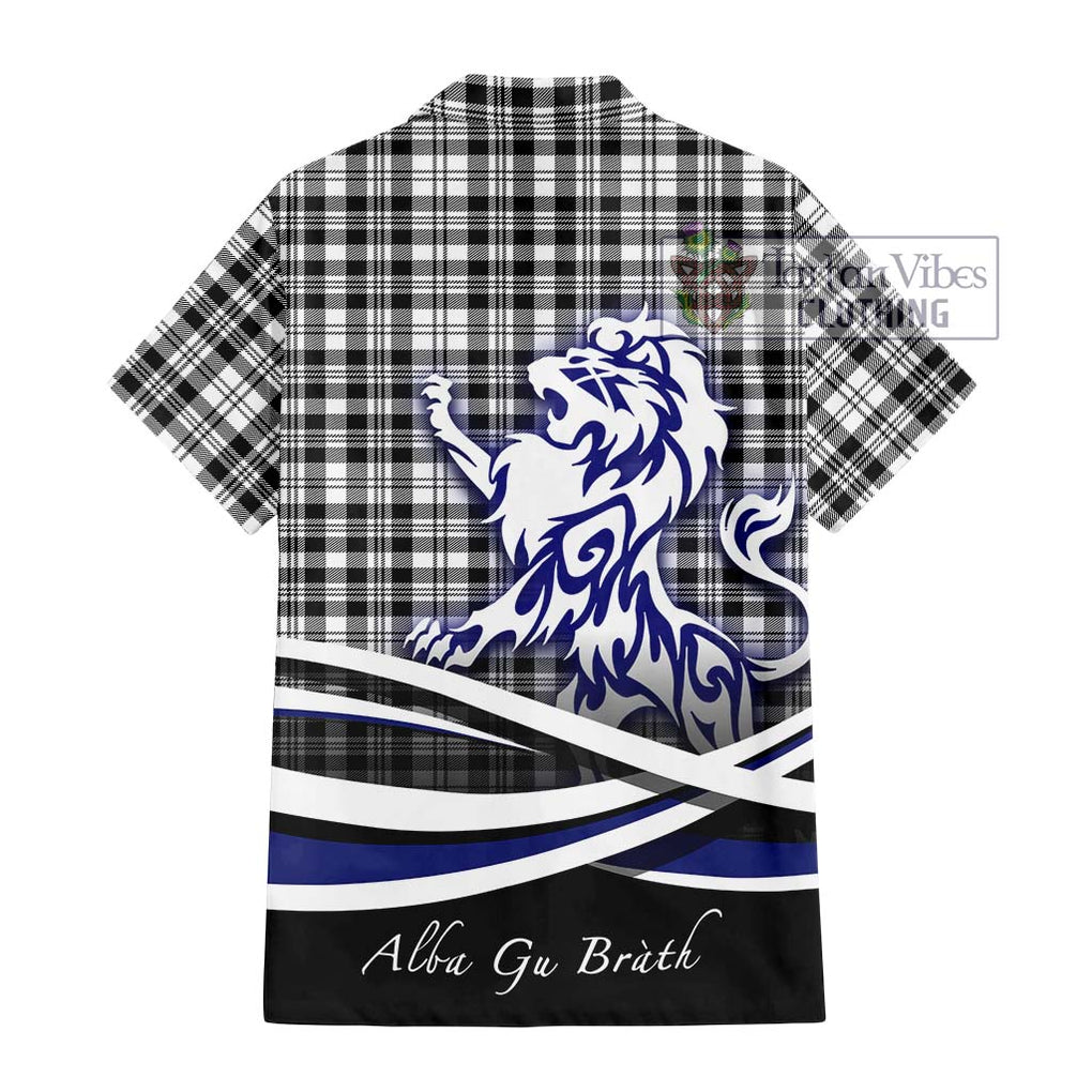 Scott Black White Tartan Short Sleeve Button Shirt with Alba Gu Brath Regal Lion Emblem - Tartanvibesclothing Shop