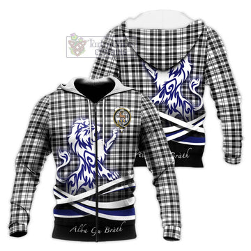 Scott Black White Tartan Knitted Hoodie with Alba Gu Brath Regal Lion Emblem