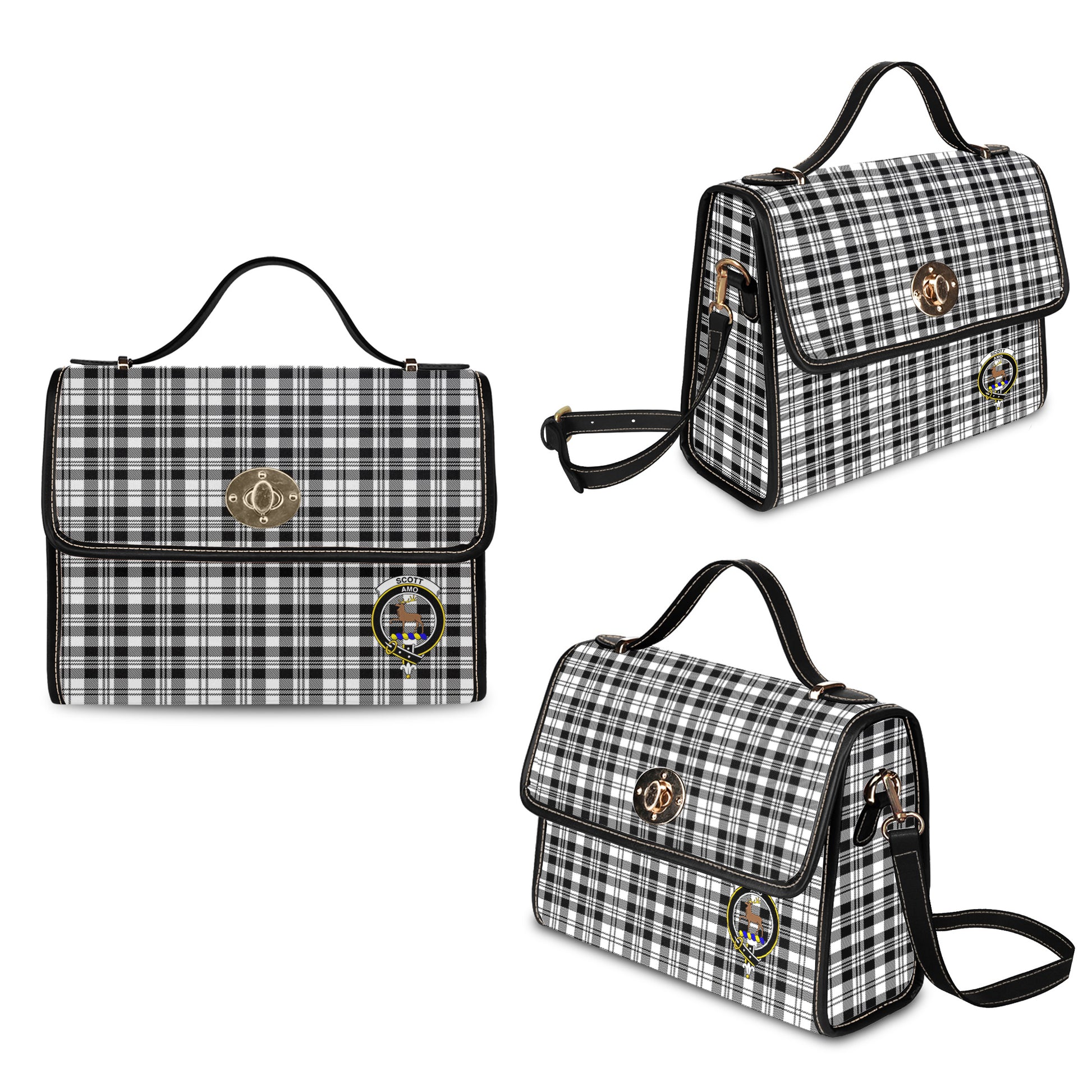 scott-black-white-tartan-leather-strap-waterproof-canvas-bag-with-family-crest