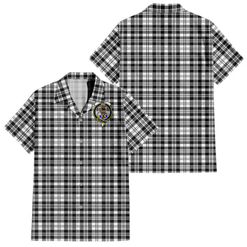 Scott Black White Tartan Short Sleeve Button Down Shirt with Family Crest