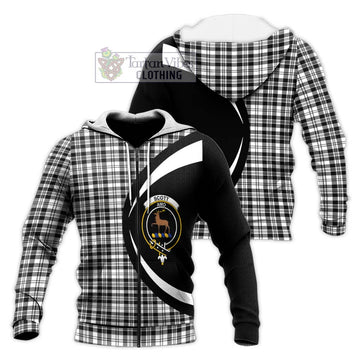 Scott Black White Tartan Knitted Hoodie with Family Crest Circle Style