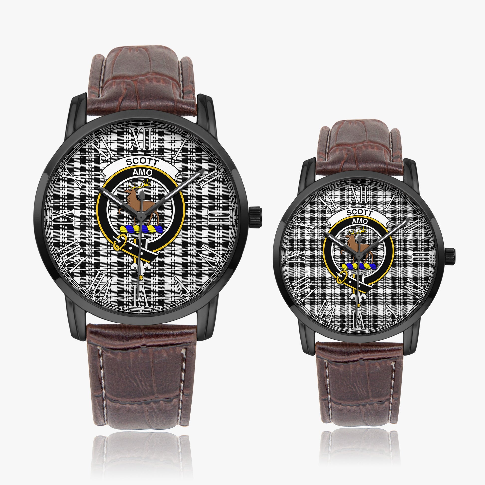 Scott Black White Tartan Family Crest Leather Strap Quartz Watch - Tartanvibesclothing