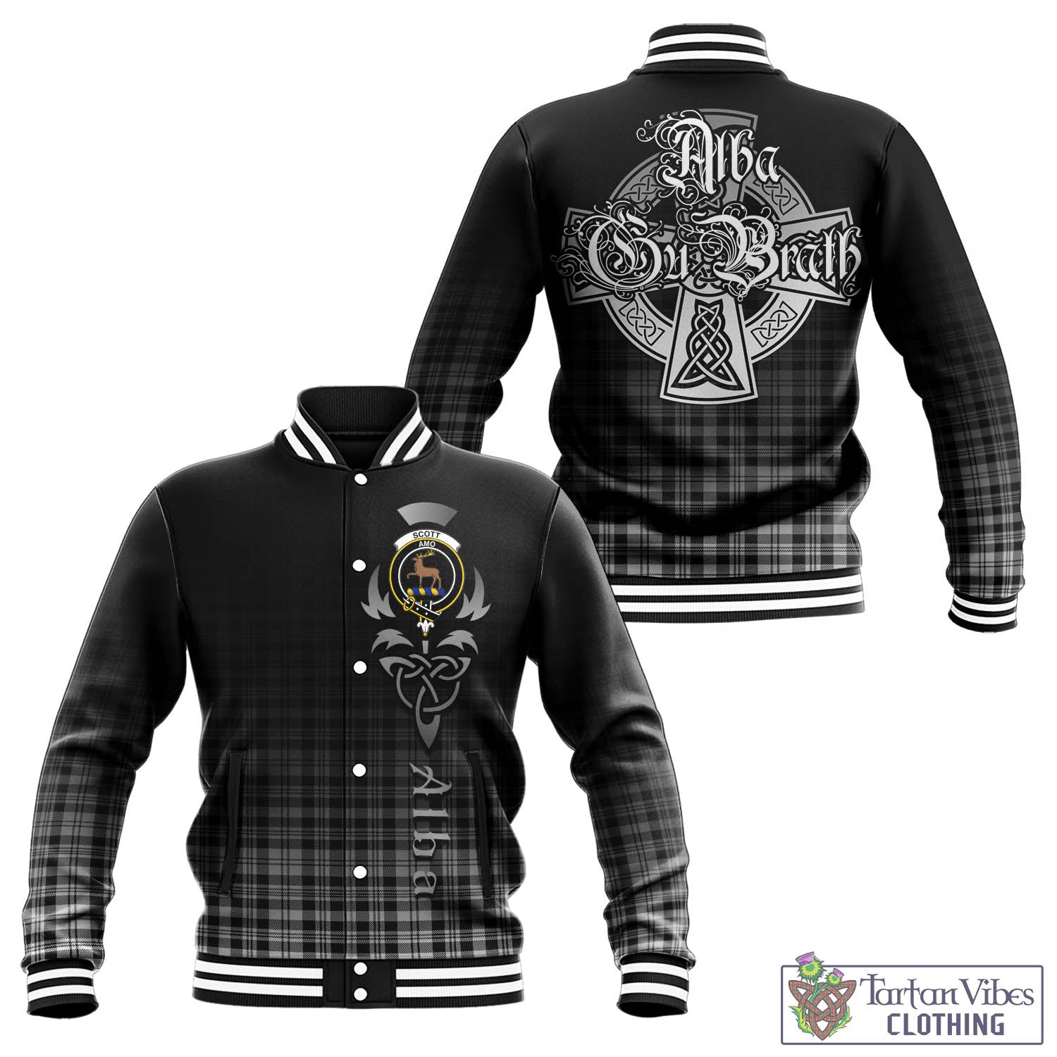 Tartan Vibes Clothing Scott Black White Tartan Baseball Jacket Featuring Alba Gu Brath Family Crest Celtic Inspired