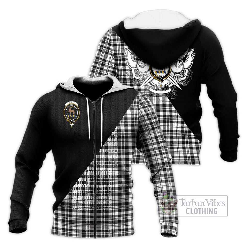 Scott Black White Tartan Knitted Hoodie with Family Crest and Military Logo Style Unisex Knitted Zip Hoodie - Tartanvibesclothing Shop