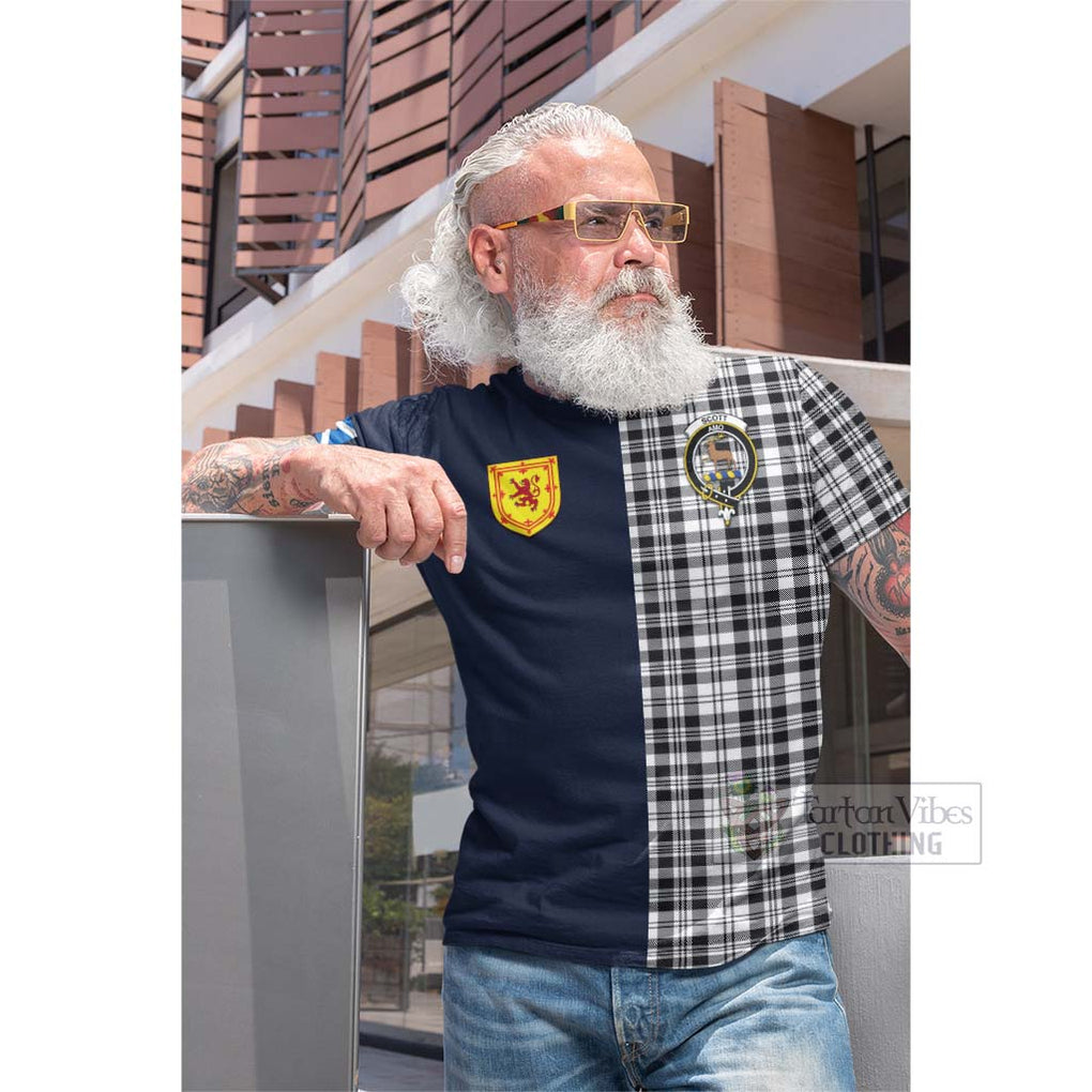 Tartan Vibes Clothing Scott Black White Tartan Cotton T-shirt with Scottish Lion Royal Arm Half Style