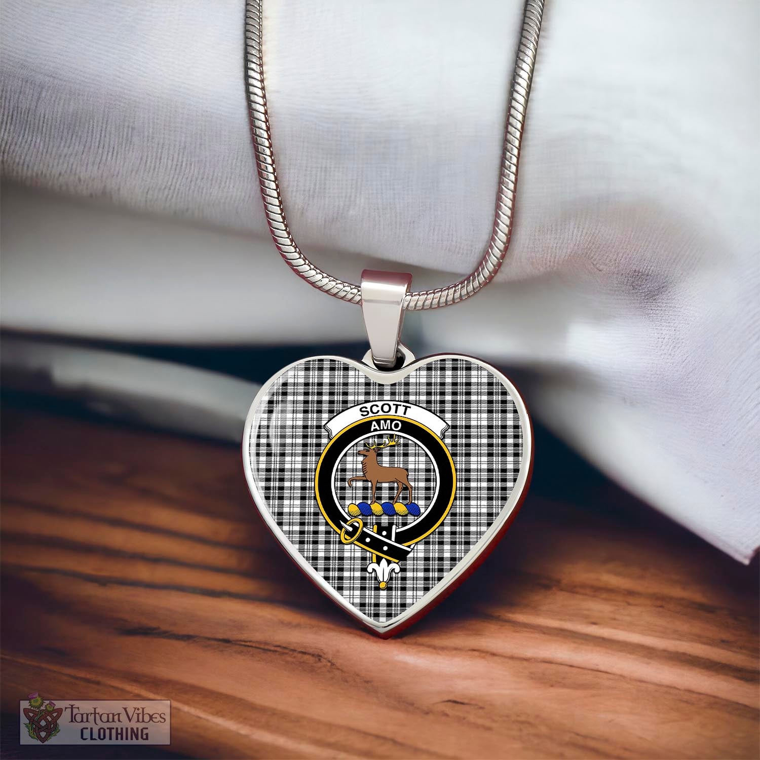 Tartan Vibes Clothing Scott Black White Tartan Heart Necklace with Family Crest