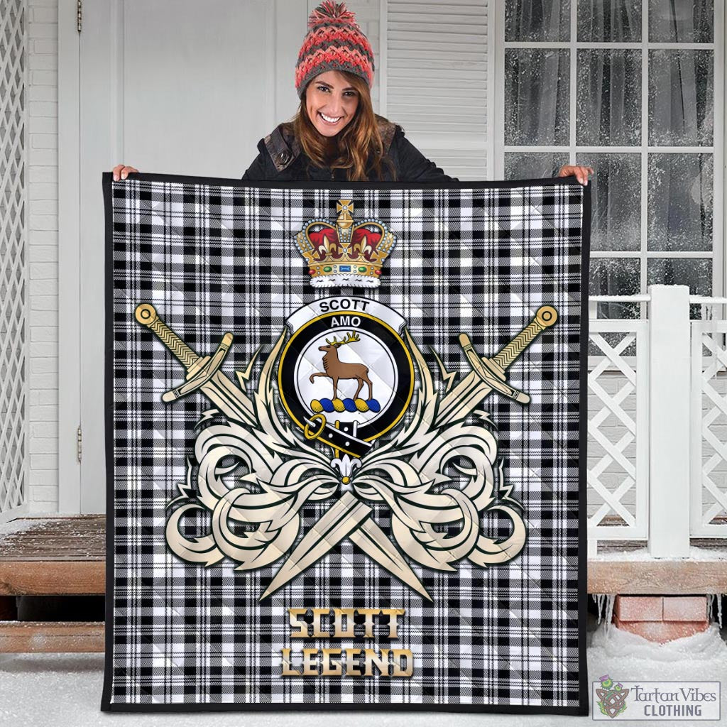 Tartan Vibes Clothing Scott Black White Tartan Quilt with Clan Crest and the Golden Sword of Courageous Legacy