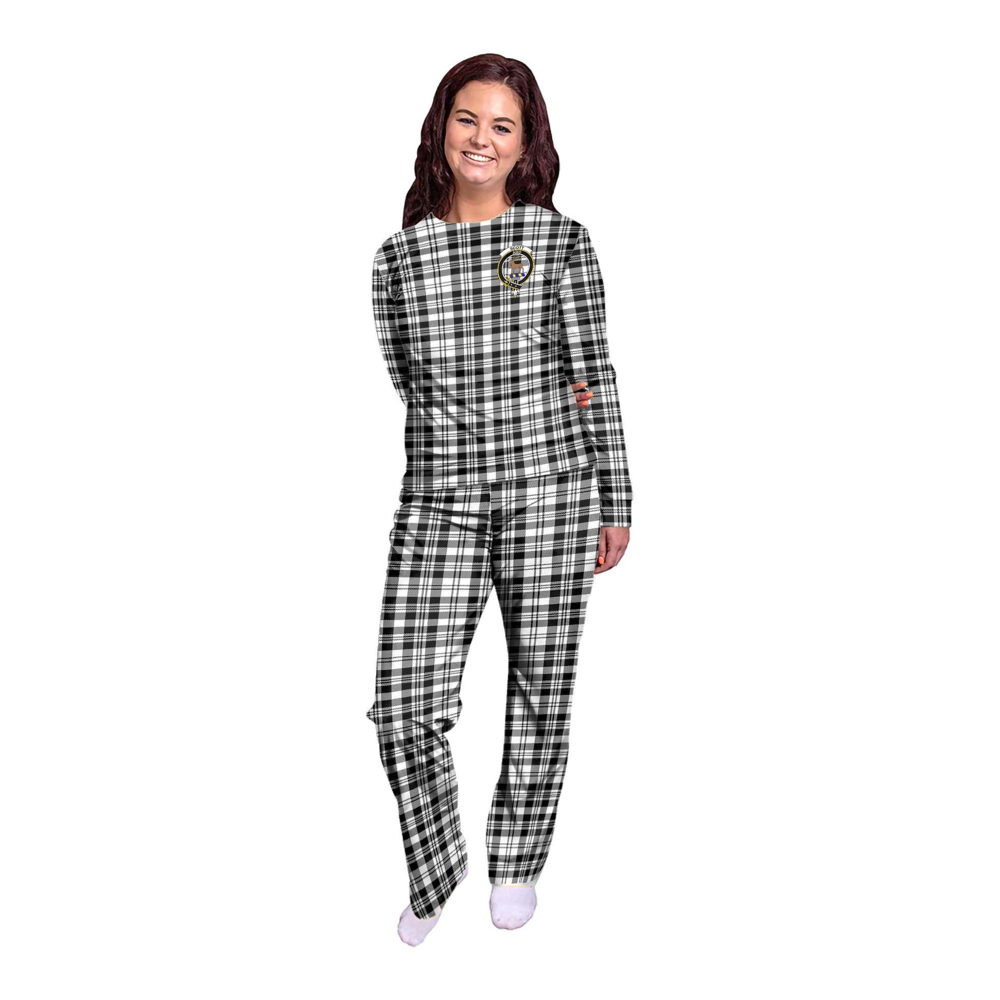 Scott Black White Tartan Pajamas Family Set with Family Crest - Tartanvibesclothing