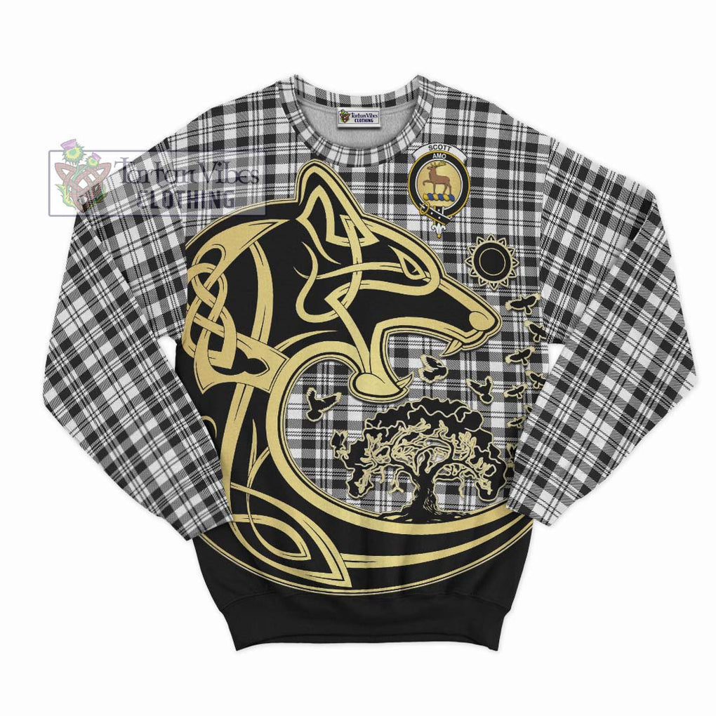 Scott Black White Tartan Sweatshirt with Family Crest Celtic Wolf Style - Tartan Vibes Clothing