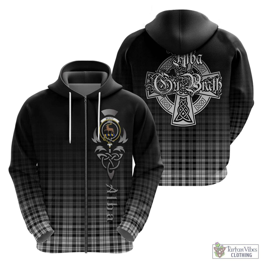 Tartan Vibes Clothing Scott Black White Tartan Hoodie Featuring Alba Gu Brath Family Crest Celtic Inspired