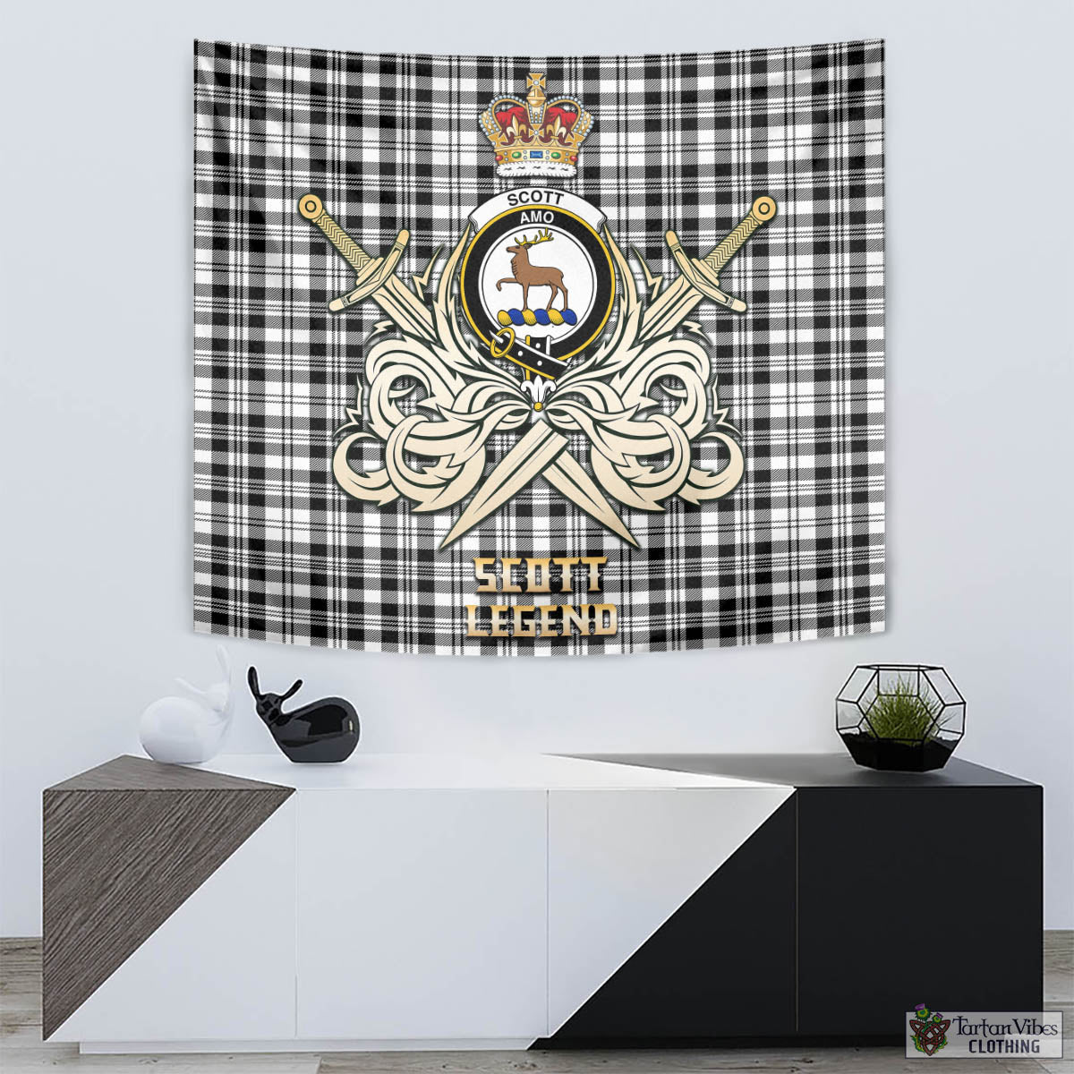 Tartan Vibes Clothing Scott Black White Tartan Tapestry with Clan Crest and the Golden Sword of Courageous Legacy