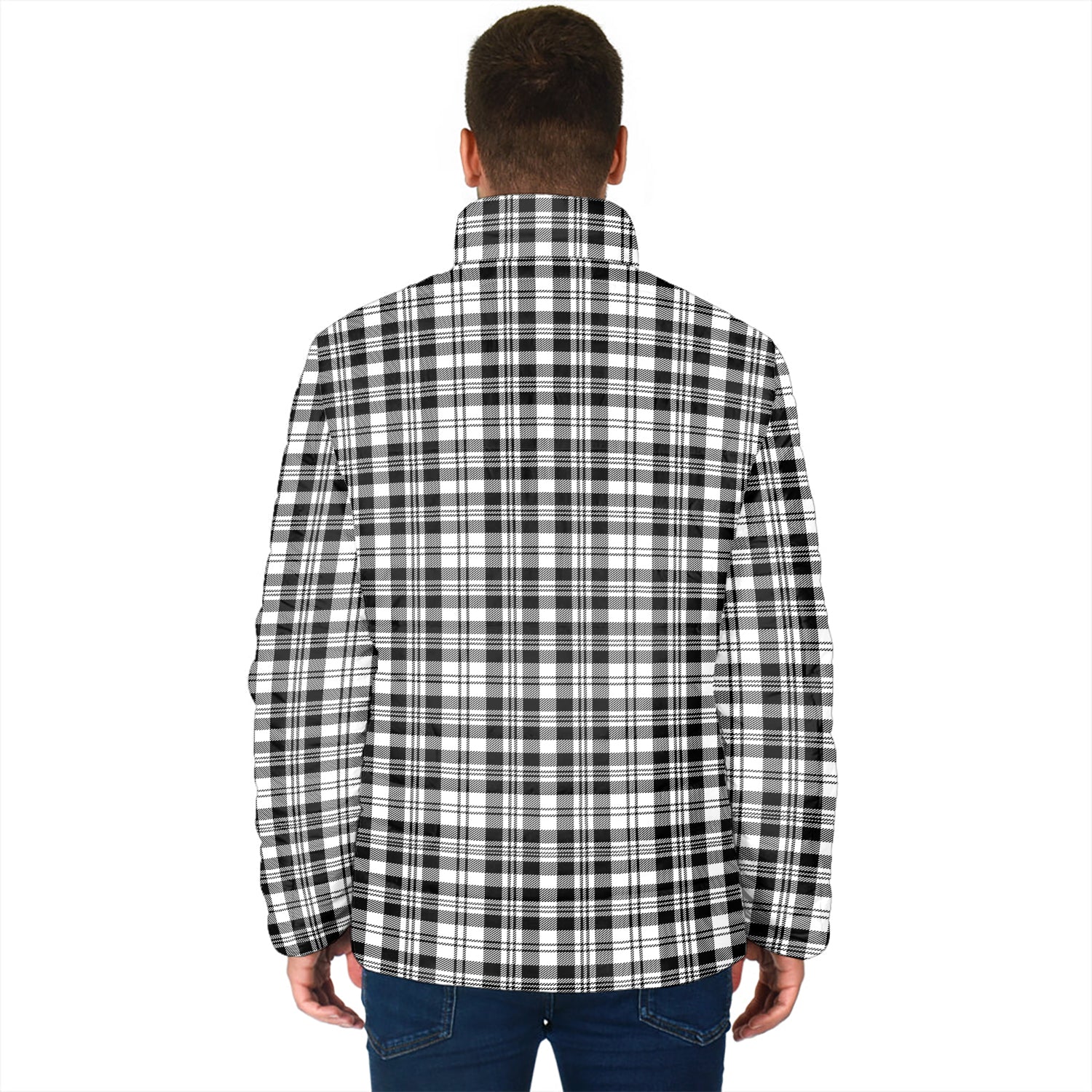 Scott Black White Tartan Padded Jacket with Family Crest - Tartan Vibes Clothing